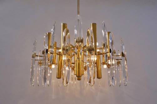 Sciolari brass chandelier with crystals, 1970`s ca, Italian